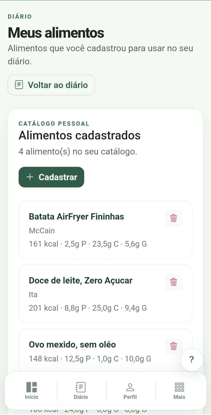 Tela real de Meus alimentos no NIVA